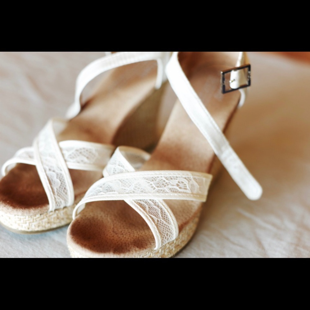 TOMS Platinum Grosgrain Lace Strappy Wedges